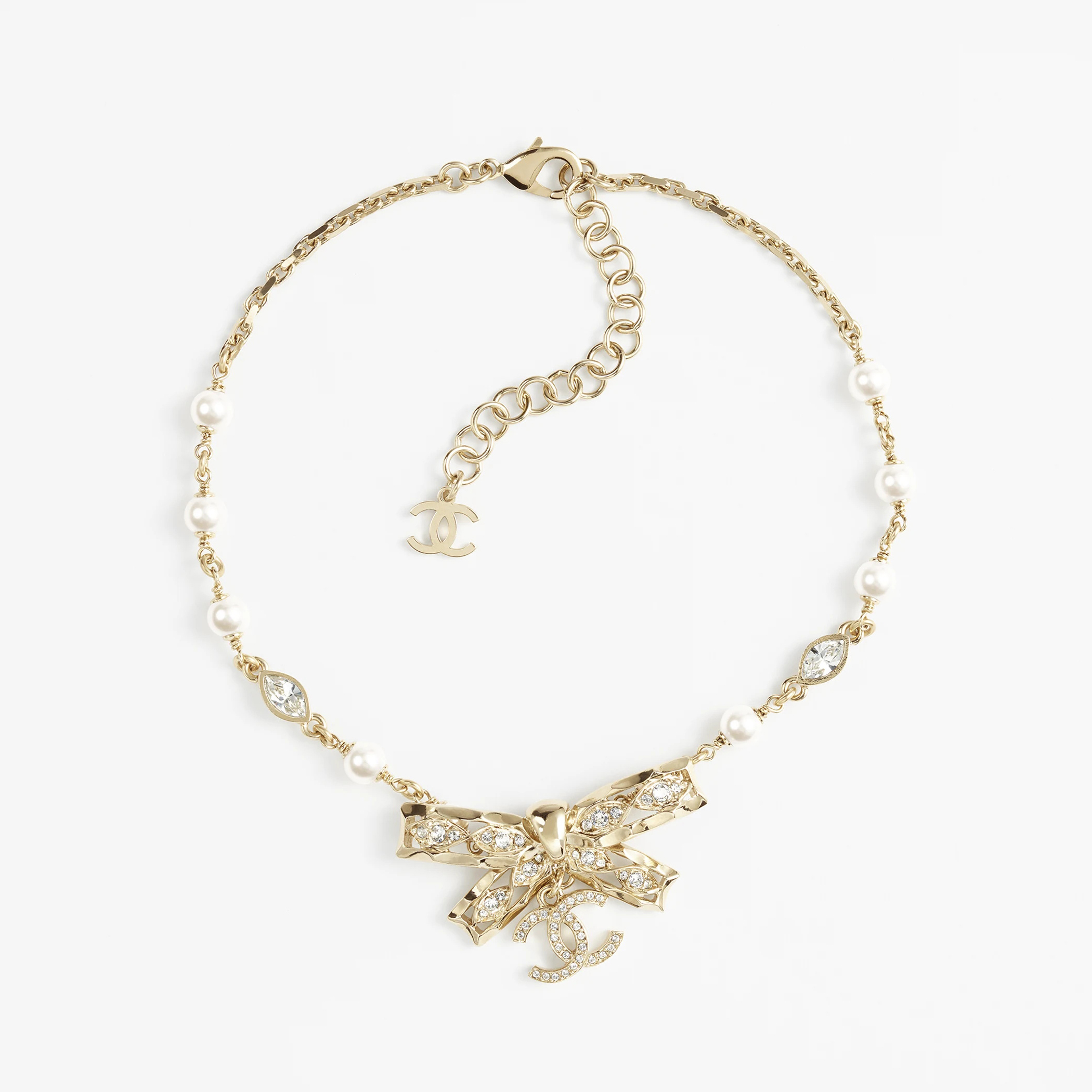 NIGO Chanel Women's Gold Bow Double C Pendant Metal Shape Pearl Chain Necklace Earrings Brooch Jewelry #nigo73738