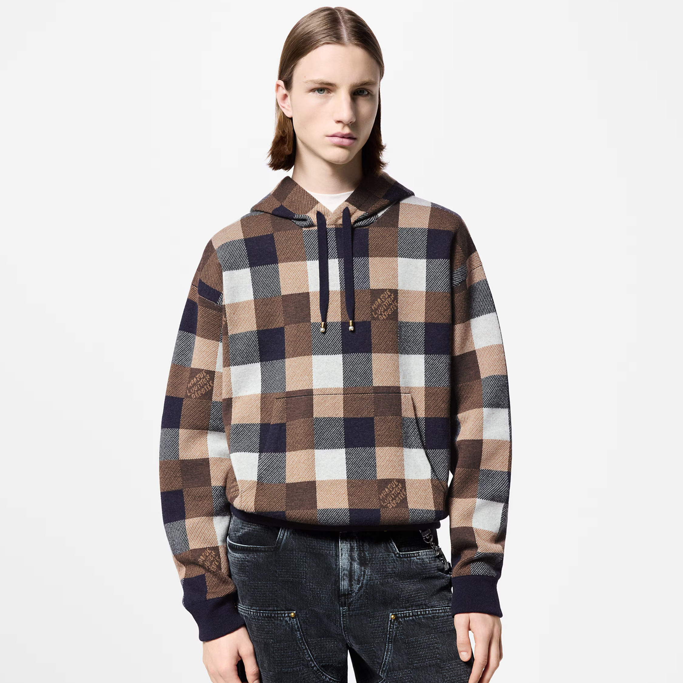 NIGO Louis Vuitton Men's Spring and Autumn Brown Plaid Letter Logo Printed Hooded Long Sleeve Sweatshirt #nigo73739