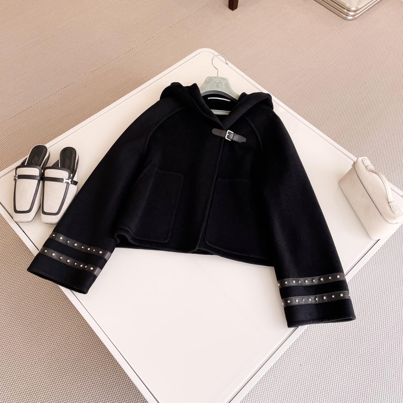 NIGO Hermes Women's Spring And Fall Double-Faced Cashmere Tweed Hooded Short Straight Solid Color Coat Ngvp #nigo9493