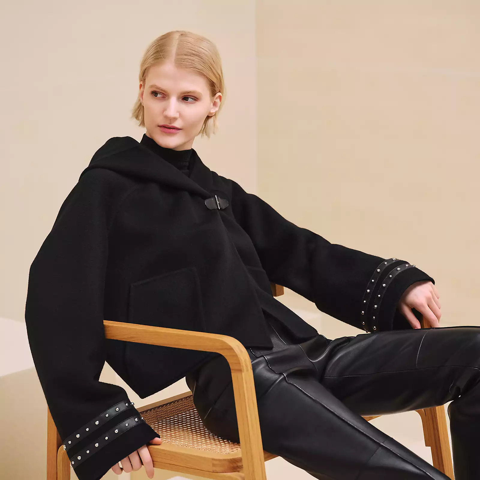 NIGO Hermes Women's Spring And Fall Double-Faced Cashmere Tweed Hooded Short Straight Solid Color Coat Ngvp #nigo9493