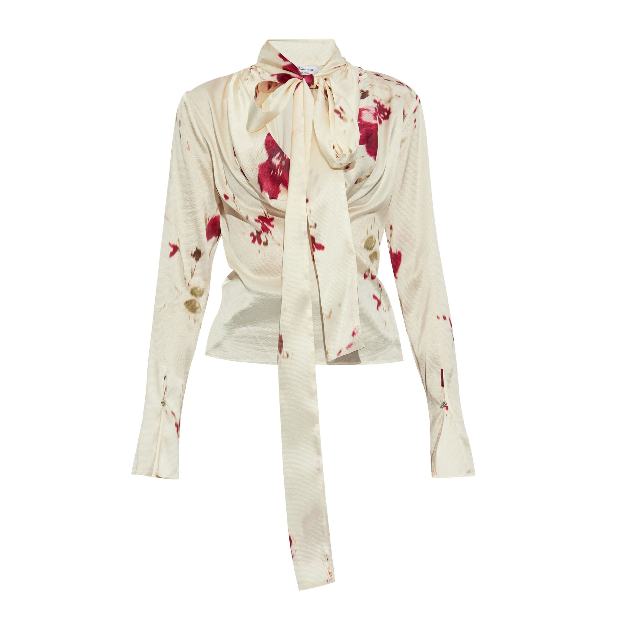 NIGO Blumarine Women's Spring And Autumn Floral Printed Bow Tie Pleated Round Neck Solid Color Silk Long Sleeve Shirt Ngvp #nigo9498