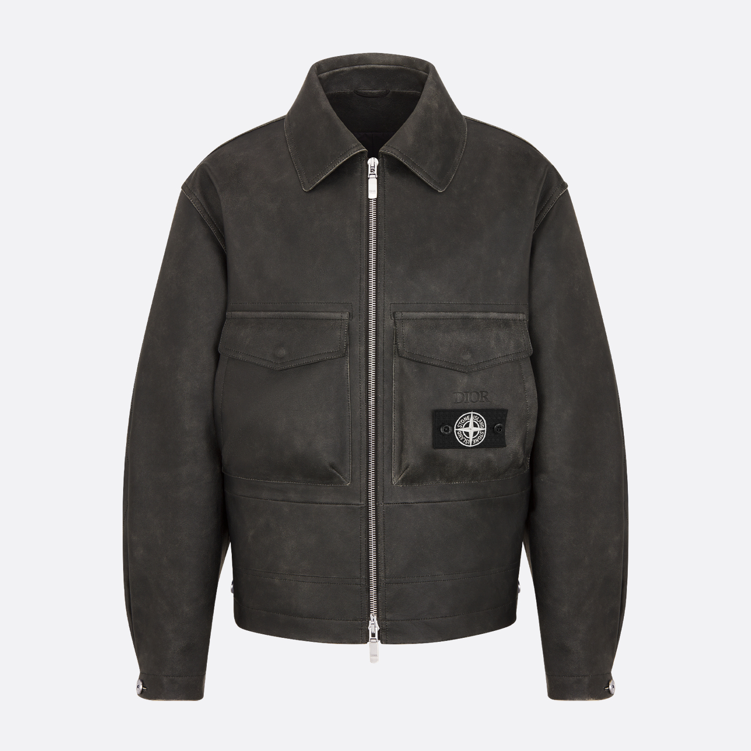 NIGO Dior X Stone Island Men's Fall/Winter Black Leather Zipper Long Sleeve Jacket #nigo73767