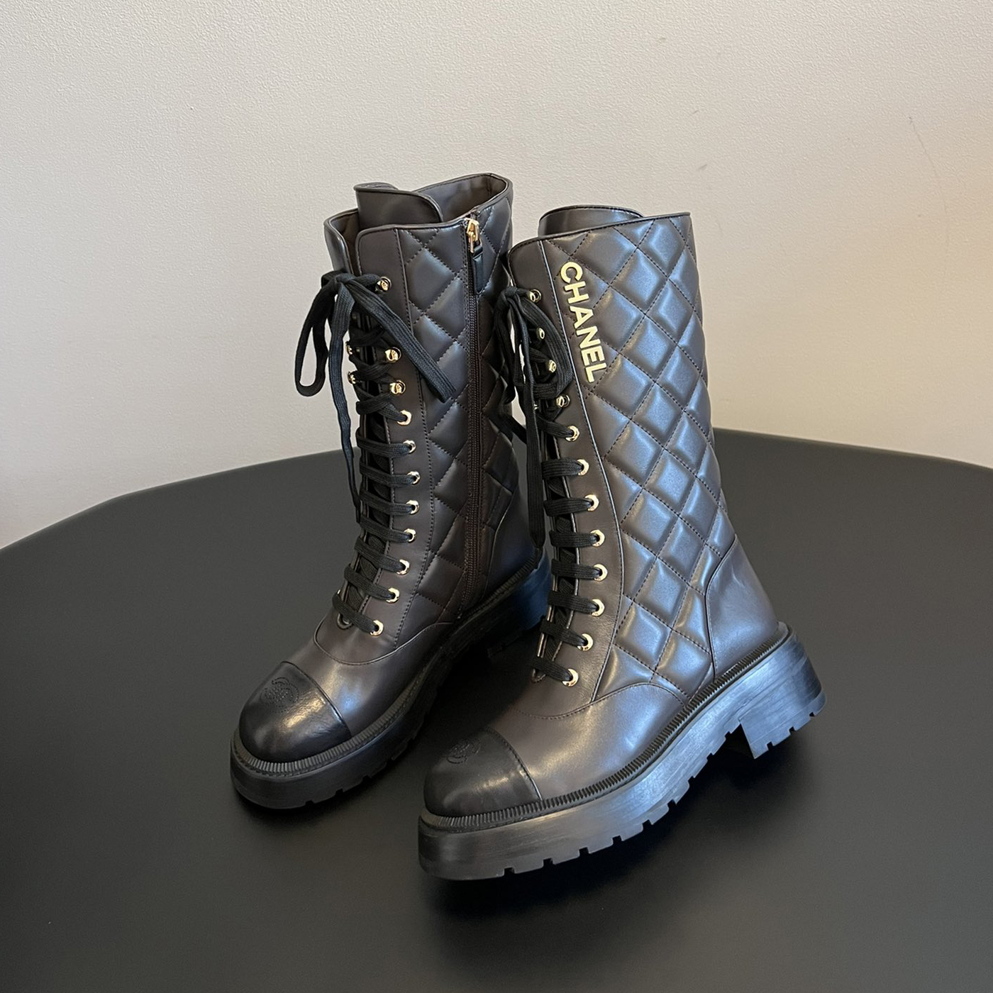 NIGO Chanel Women's Fall And Winter Black Lace-up Mid-calf Thick-soled Knight Boots Shoes #nigo73772