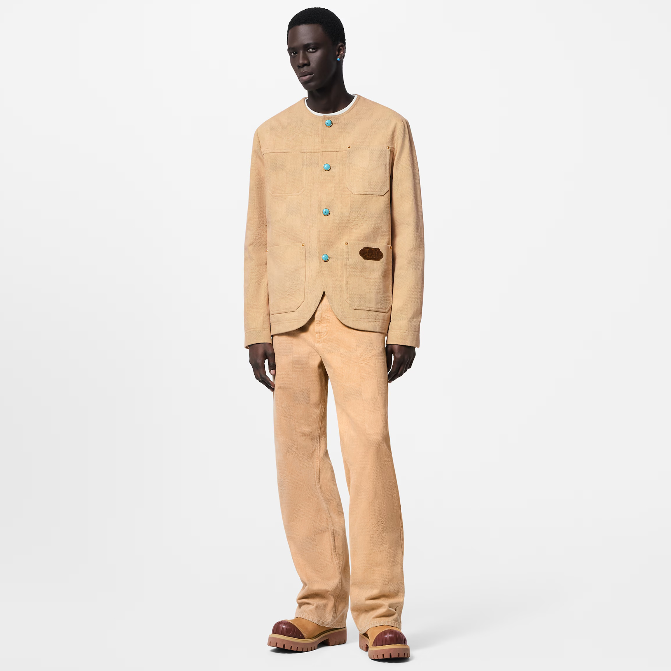 NIGO Louis Vuitton Men's Spring And Fall Khaki Letters Jacquard Round Neck Single Breasted Casual Long Sleeved Jacket Pants Suit Set #nigo73769