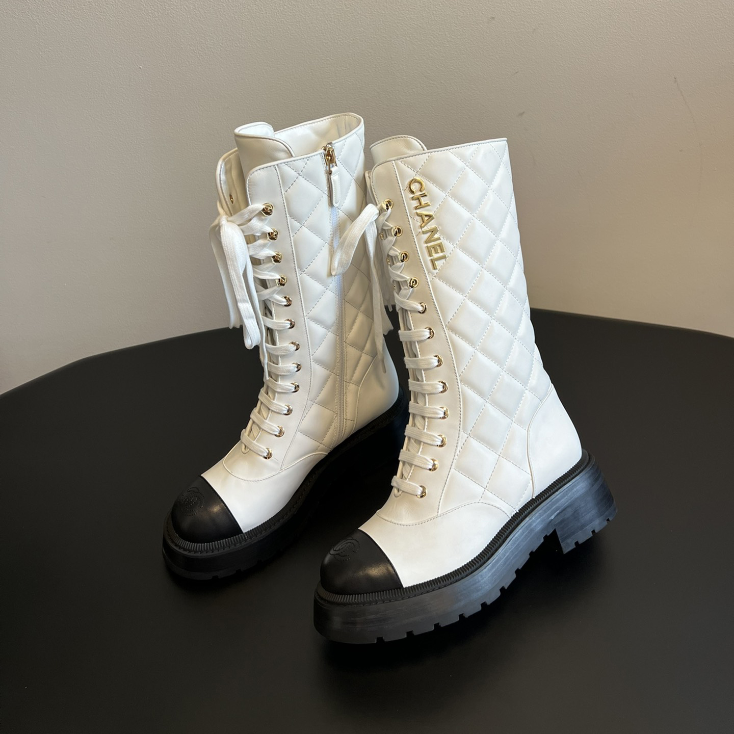 NIGO Chanel Women's Fall And Winter Black Lace-up Mid-calf Thick-soled Knight Boots Shoes #nigo73772