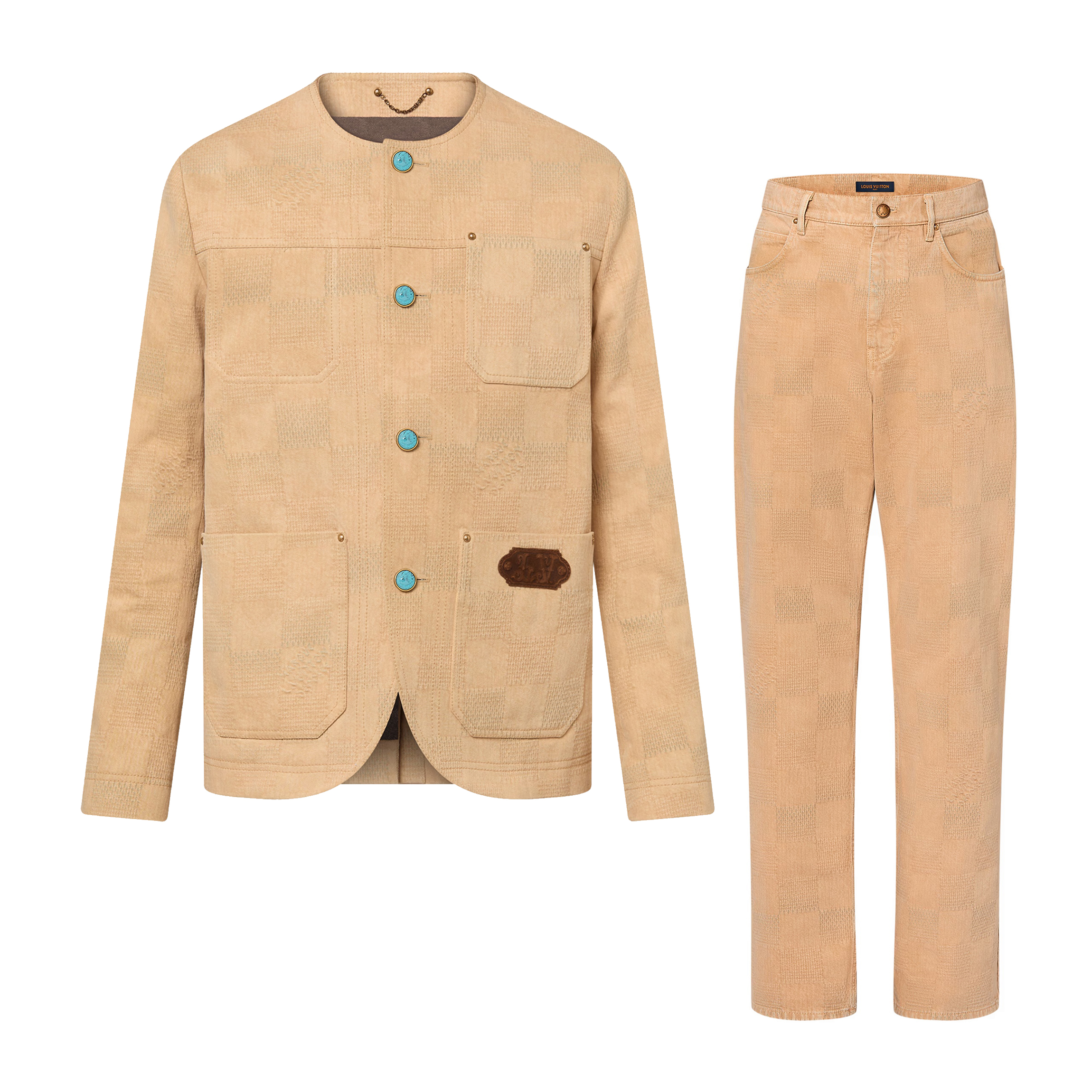 NIGO Louis Vuitton Men's Spring And Fall Khaki Letters Jacquard Round Neck Single Breasted Casual Long Sleeved Jacket Pants Suit Set #nigo73769