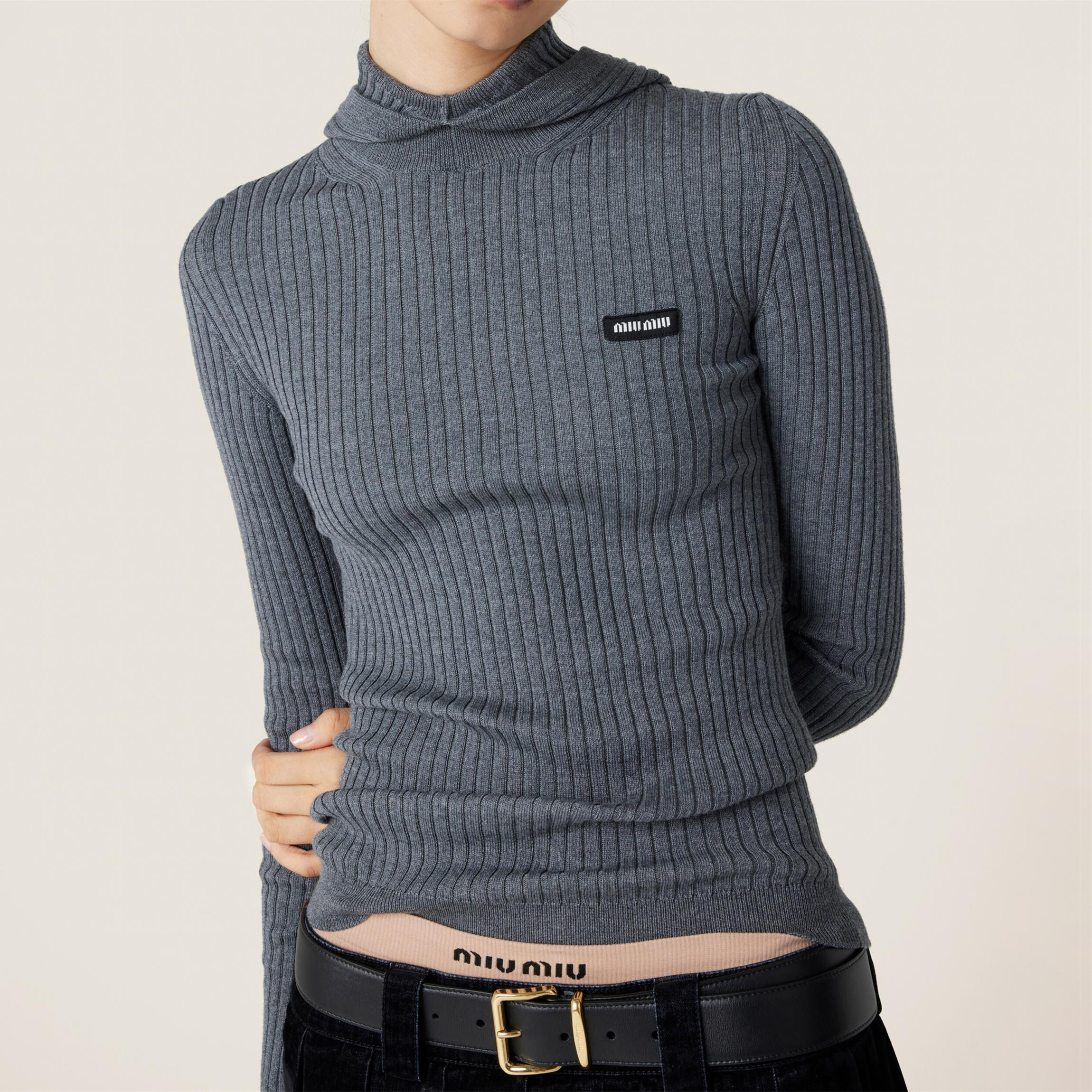 NIGO MiuMiu Women's Spring and Autumn Solid Color Wool High Neck Hooded Knitted Sweater Pants Set Suit #nigo73782