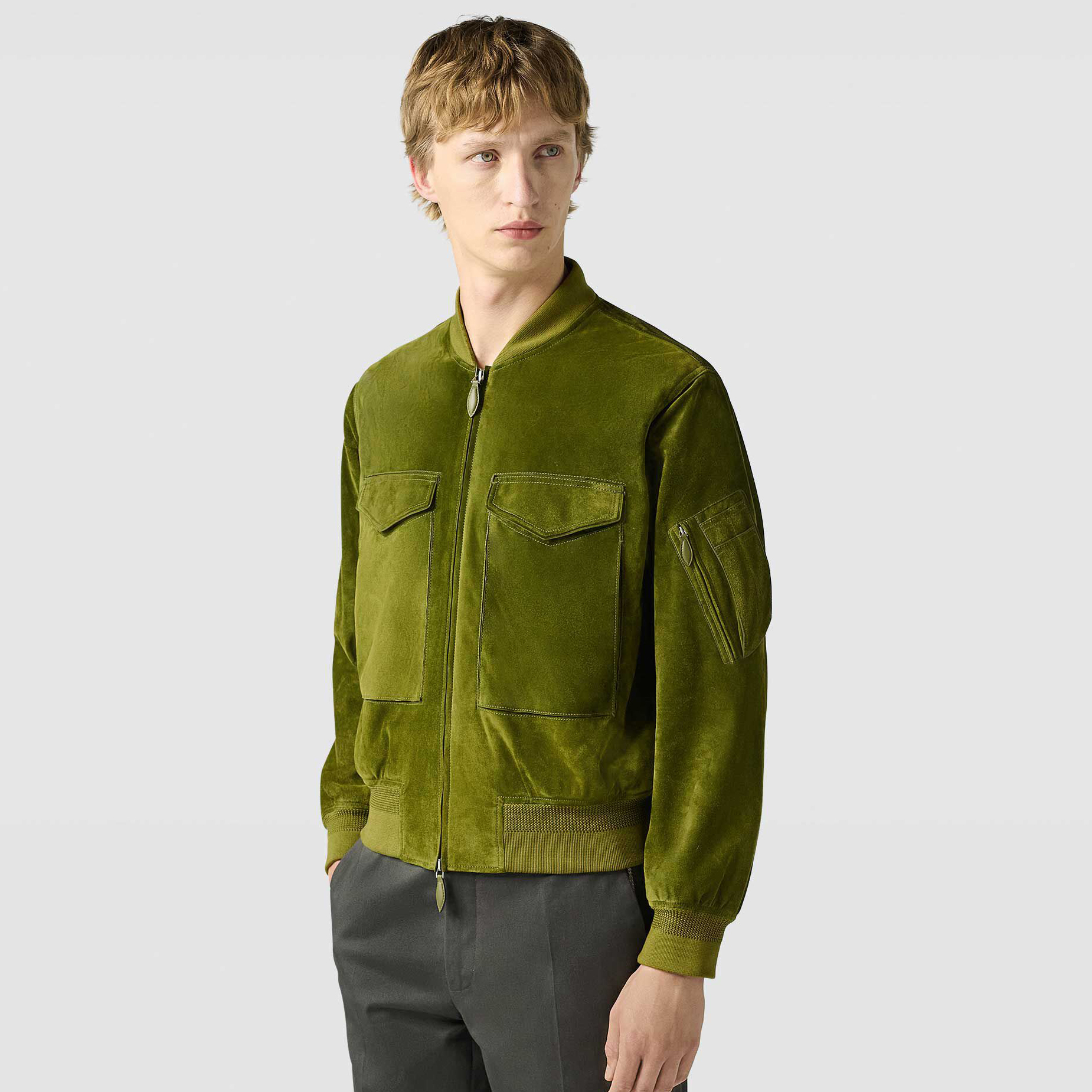 NIGO Berluti Men's Spring, Autumn And Winter Two-Way Zipper Solid Color Lapel Fit Long Sleeve Sheepskin Suede Aviator Jacket #nigo73773