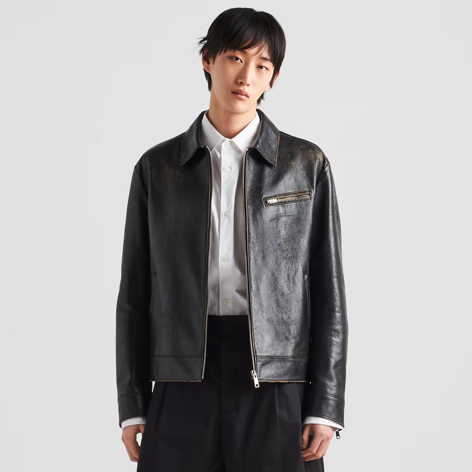 NIGO Prada Men's Autumn and Winter Solid Color Fit Lapel Zipper Long Sleeve Leather Jacket #nigo73774