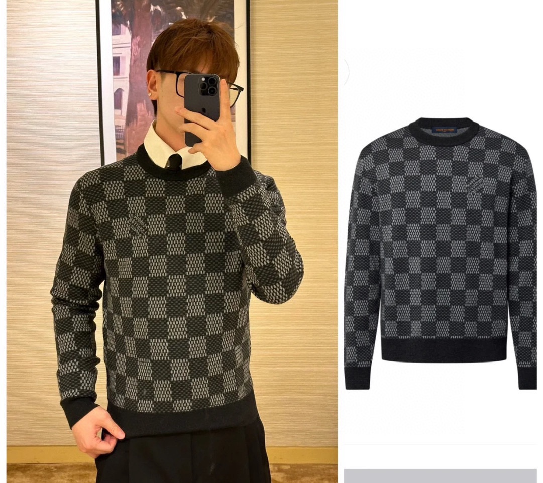 NIGO Louis Vuitton Men's Spring and Autumn Black Checkerboard Print Logo Pattern Round Neck Long Sleeve Sweater #nigo73789