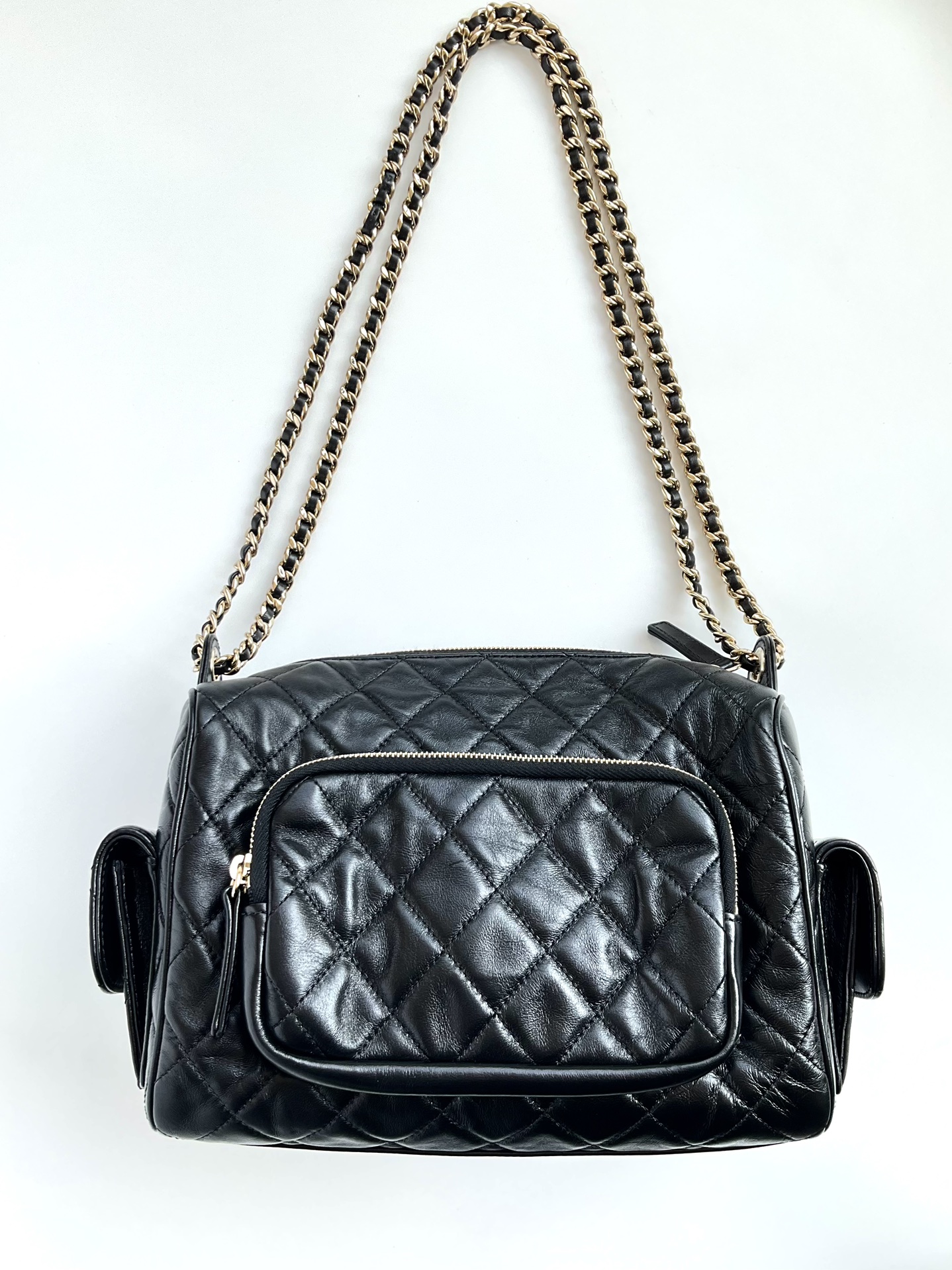 NIGO Chanel Women's Black Lattice Quilted Metal Chain Glossy Grained Lambskin Camera Bag Tote Shoulder Crossbody Bags #nigo73811