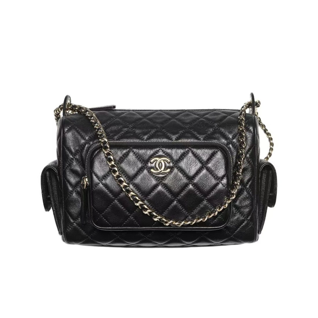NIGO Chanel Women's Black Lattice Quilted Metal Chain Glossy Grained Lambskin Camera Bag Tote Shoulder Crossbody Bags #nigo73811