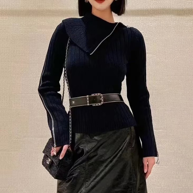 NIGO Chanel Women's Spring and Autumn Solid Color Slant Shoulder Zipper Wool Knit Sweater #nigo73841