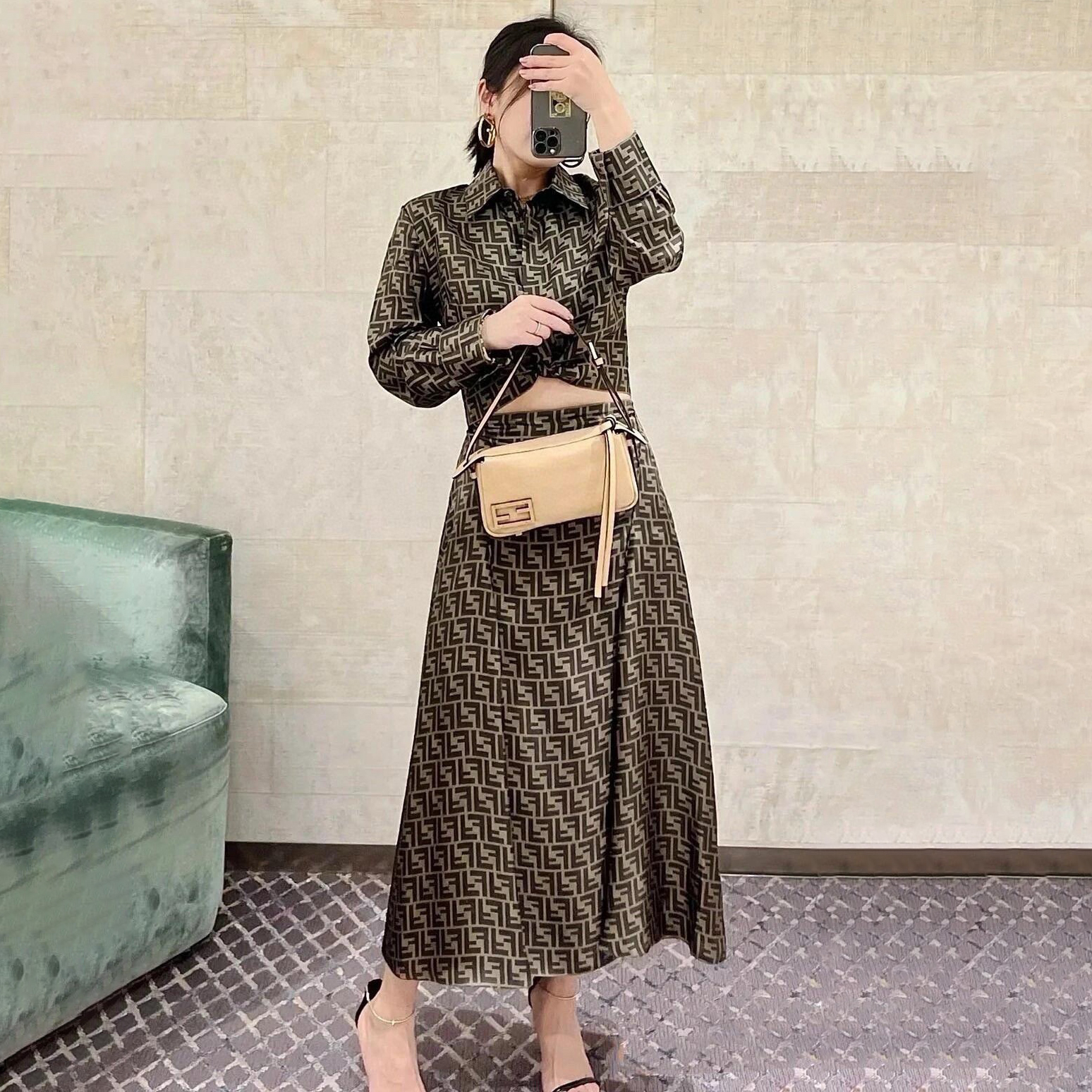 NIGO Fendi Women's Summer FF Letter Printed Lapel Single Breasted Long Sleeve Shirt Silhouette Half Skirt Set Suit #nigo73823