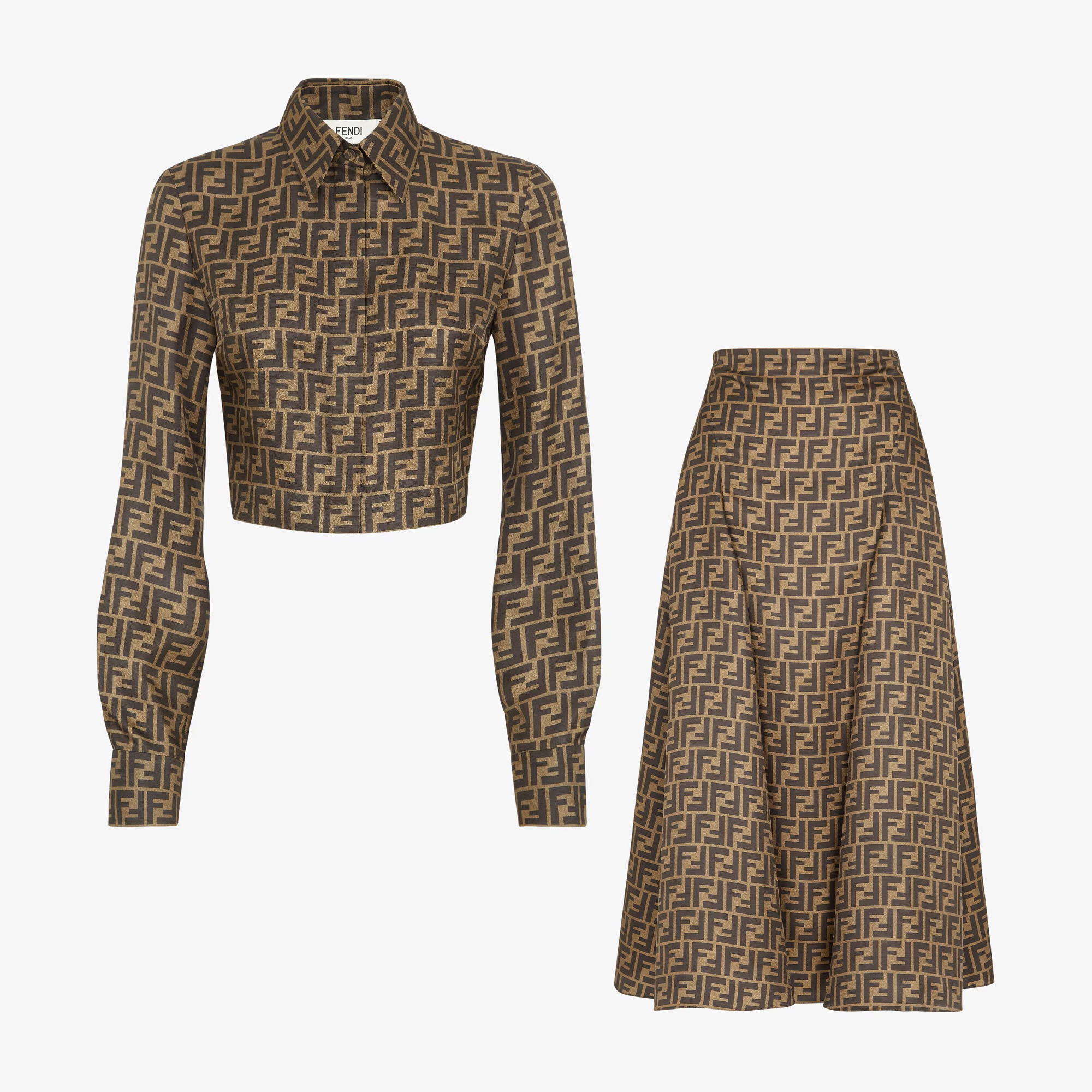 NIGO Fendi Women's Summer FF Letter Printed Lapel Single Breasted Long Sleeve Shirt Silhouette Half Skirt Set Suit #nigo73823