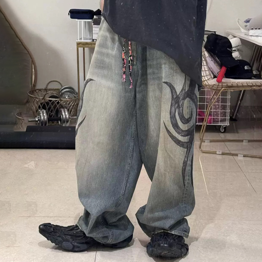 NIGO Balenciaga Men's Women's Four Seasons Y2K Logo Printed Cotton Mid Waist Loose Casual Denim Pants Ngvp #nigo9524