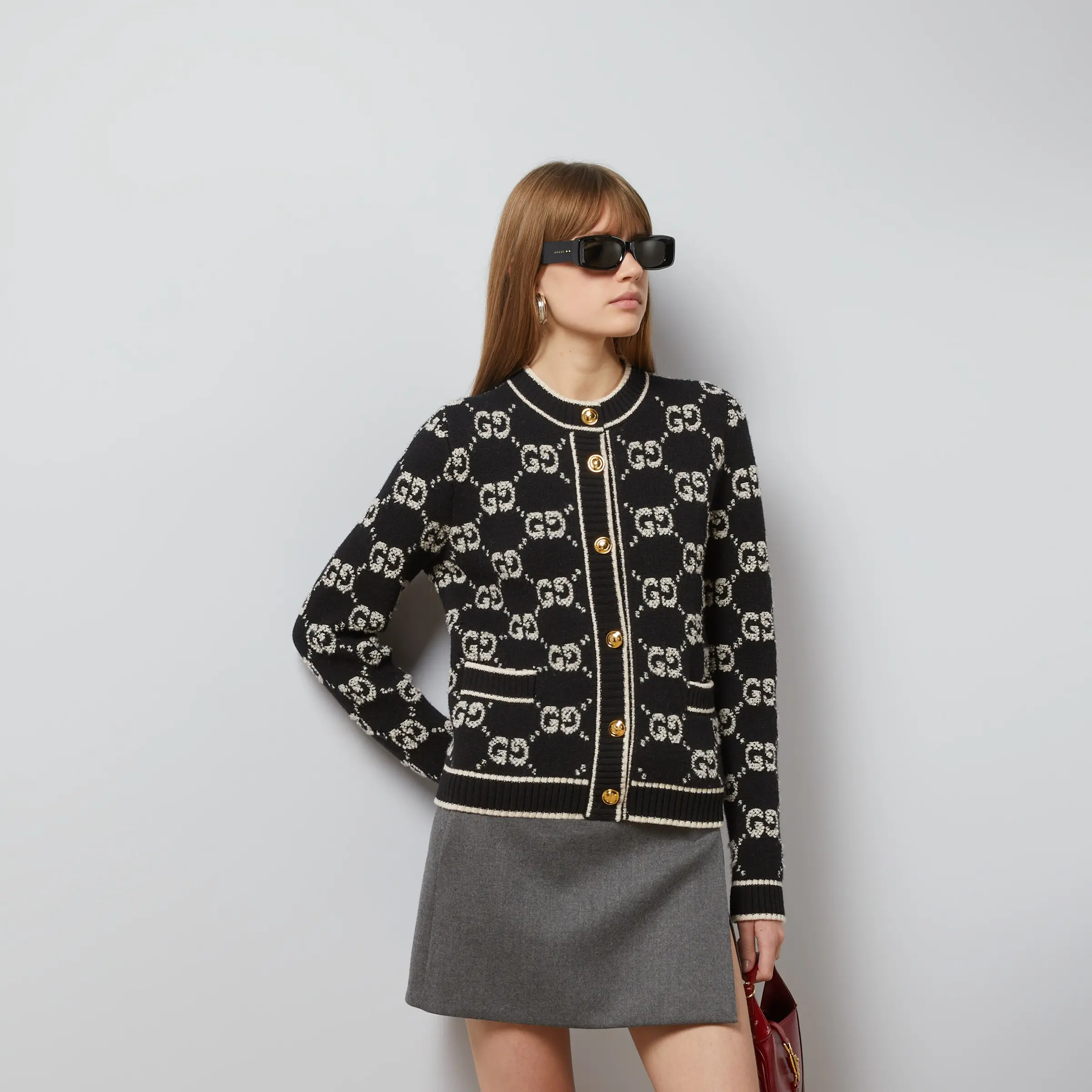 NIGO Gucci Women's Spring And Autumn GG Jacquard Wool BOUCLÉ Long Sleeve Round Neck Knit Cardigan #nigo71688