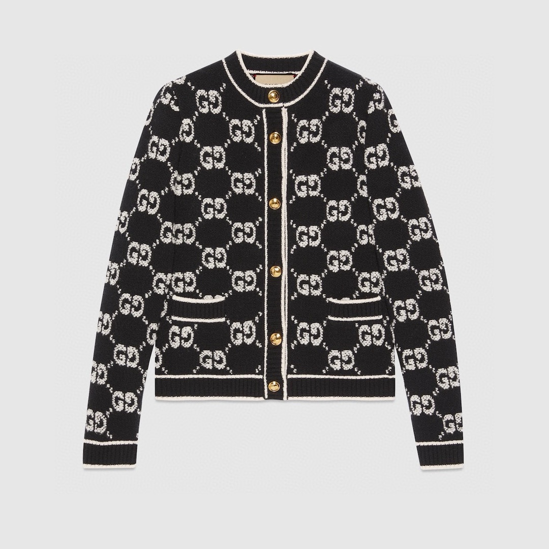 NIGO Gucci Women's Spring And Autumn GG Jacquard Wool BOUCLÉ Long Sleeve Round Neck Knit Cardigan #nigo71688