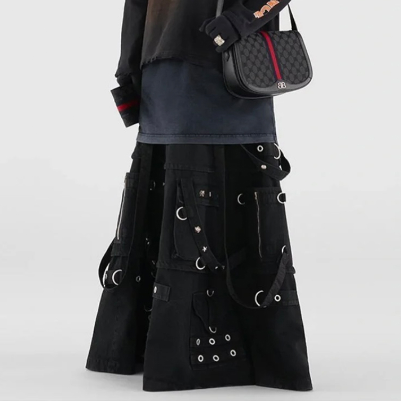 NIGO Balenciaga Women's Spring and Autumn High Street Metal Embellished Halter Skirt Black Loose Denim Long Skirt Ngvp #nigo6891