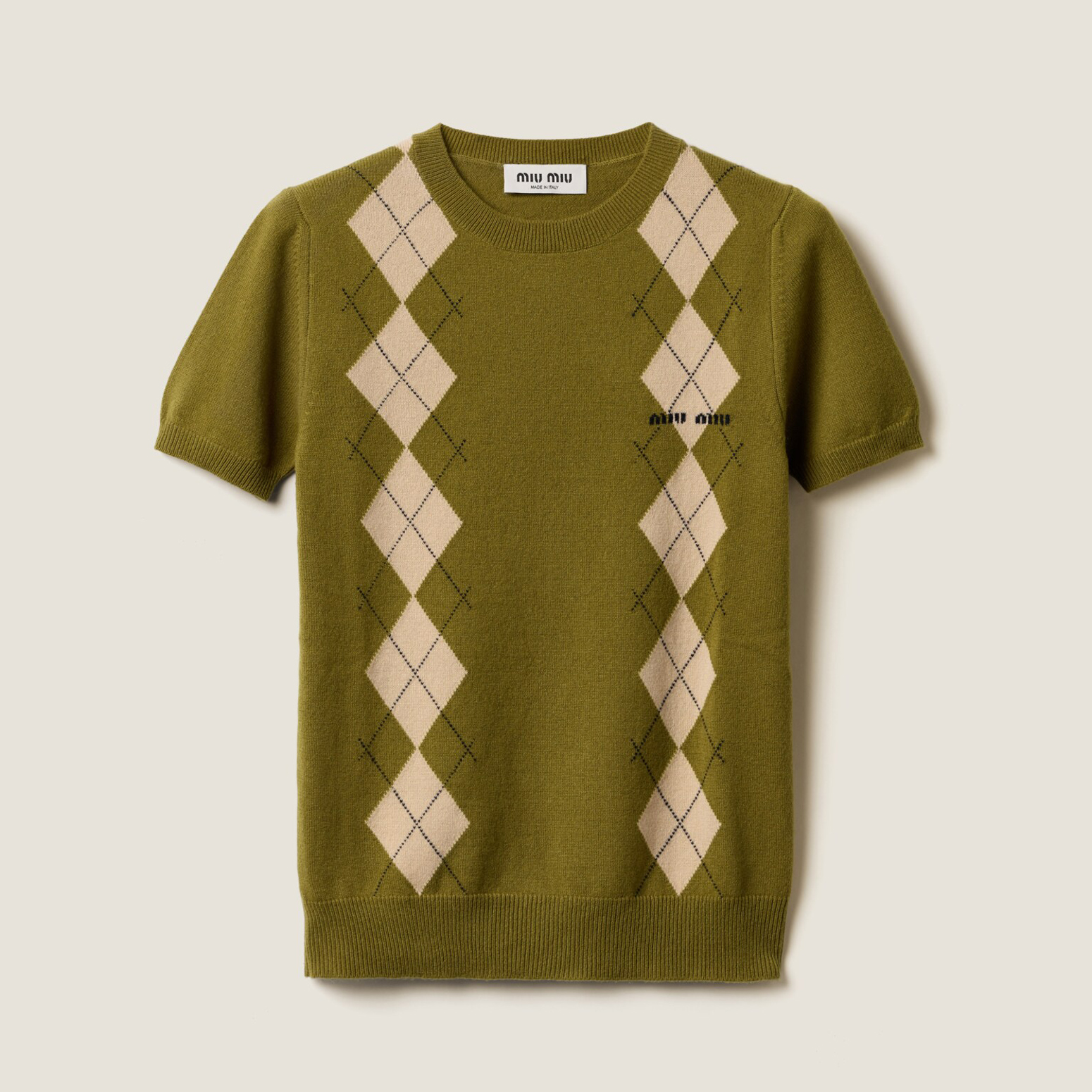 NIGO MiuMiu Women's Summer Colorblocking Diamond Appliqué Knit Round Neck Slim Short Sleeve Cashmere T-shirt #nigo73852