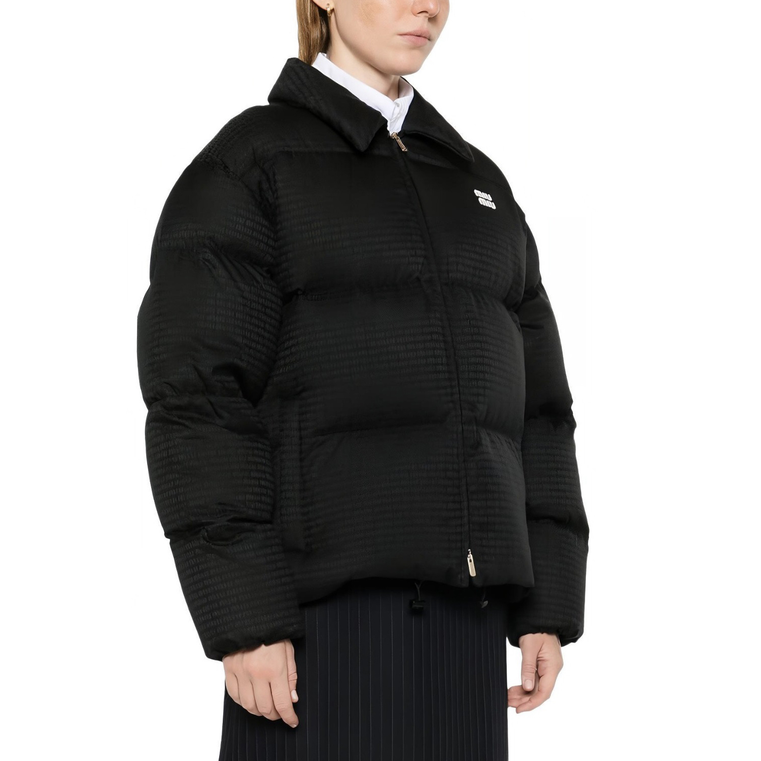 NIGO MiuMiu Women's Winter Black Letter Dark Print Lapel Zipper Long Sleeve Puffer Down Jacket #nigo73856