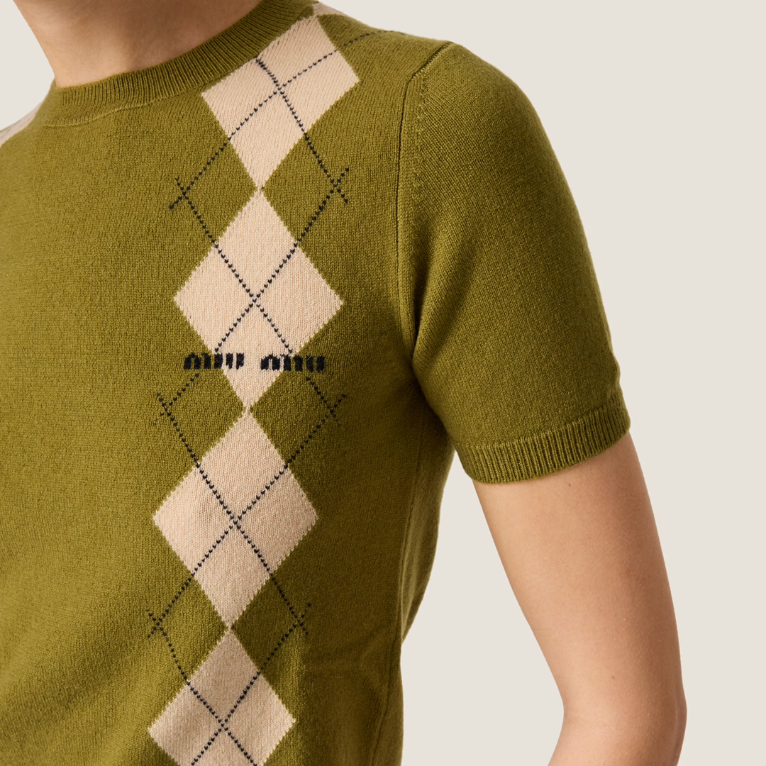 NIGO MiuMiu Women's Summer Colorblocking Diamond Appliqué Knit Round Neck Slim Short Sleeve Cashmere T-shirt #nigo73852