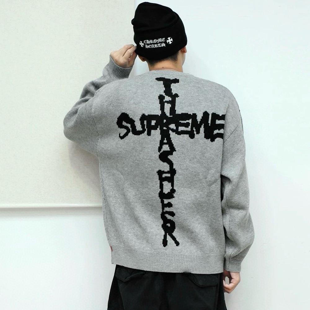 NIGO Supreme x Thrasher Men's And Women's Spring And Fall Solid Color Back Cross Letter Logo Print Pattern Knitted Sweater #nigo73844