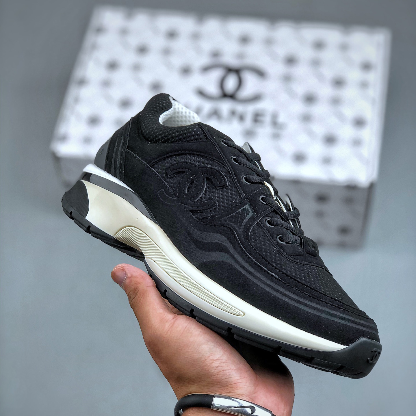 NIGO Chanel Women's Four Seasons Solid Color Logo Mesh Leather Low Top Round Toe Lace Up Sneakers Casual Shoes #nigo73862