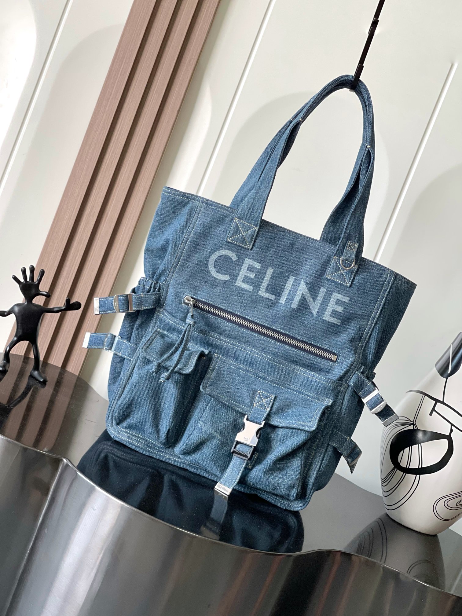 NIGO Celine Men's Monogrammed Printed Washed Blue Denim Shoulder Tote Bag Bag #nigo73881