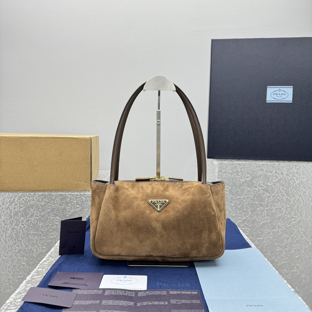 NIGO Prada Women's Brown Metal Triangle Label Suede Shoulder Handbag Bag Bags #nigo73879