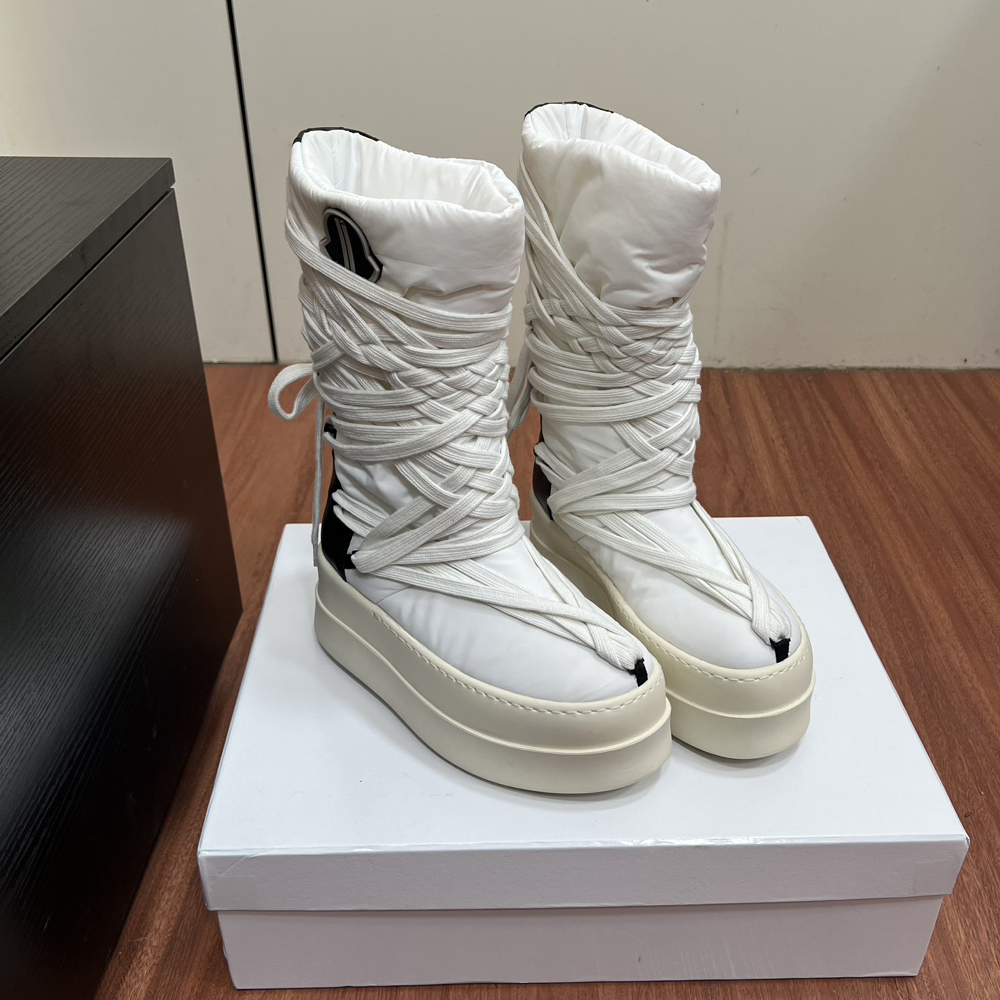 NIGO Rick Owens X Moncler Men's and Women's Round Toe Comfortable Lace Up Down Spell Cowhide Snow Boots Shoes #nigo73882