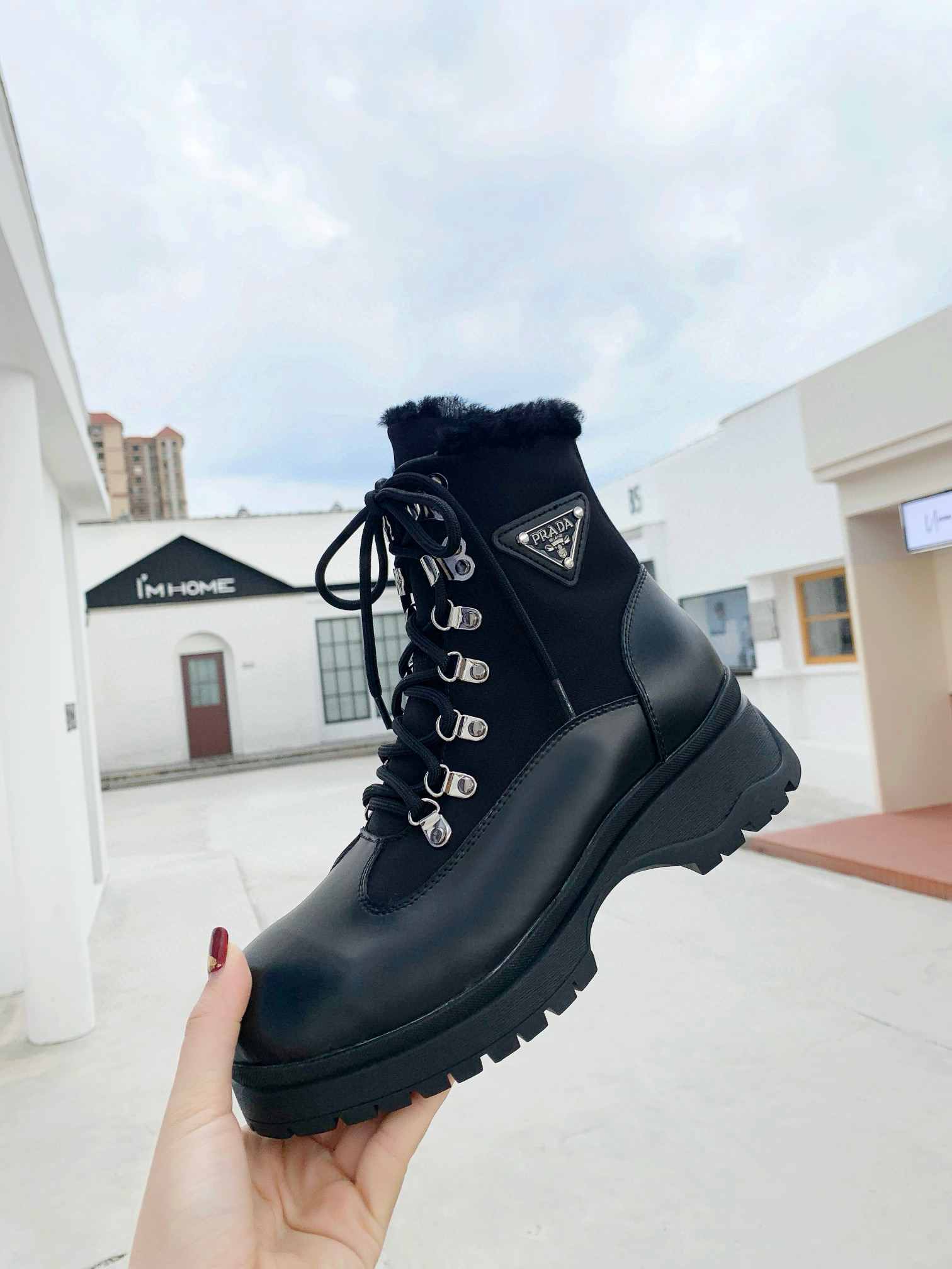 NIGO Prada Women's Fall And Winter Black Nylon Leather Fashion Warm Wool Lining Short Boots Shoes #nigo73885