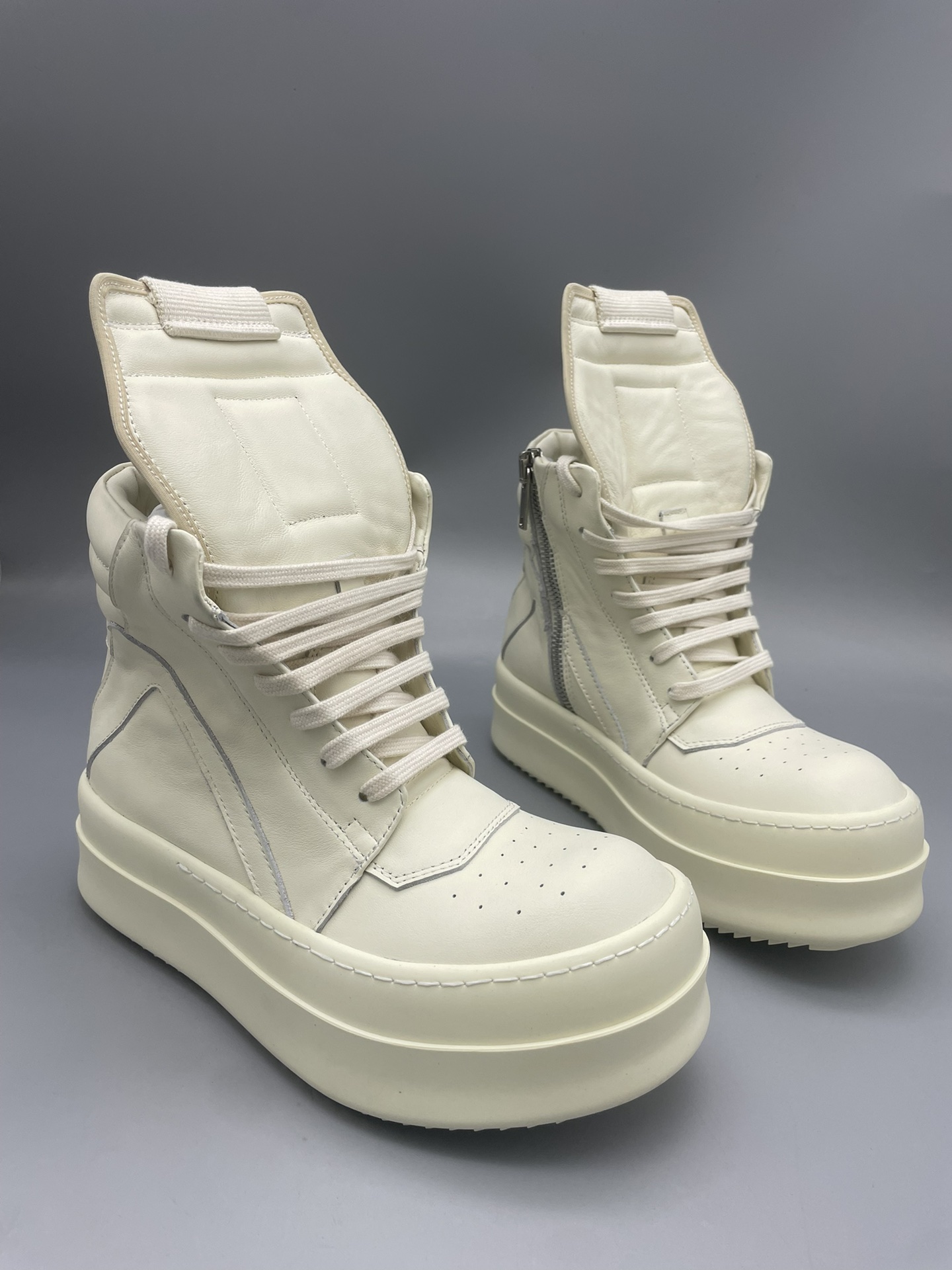 NIGO Rick Owens Men's and Women's Solid Color with Inverted Triangle Pattern White Calfskin High Top Lace-Up Shoes #nigo73892
