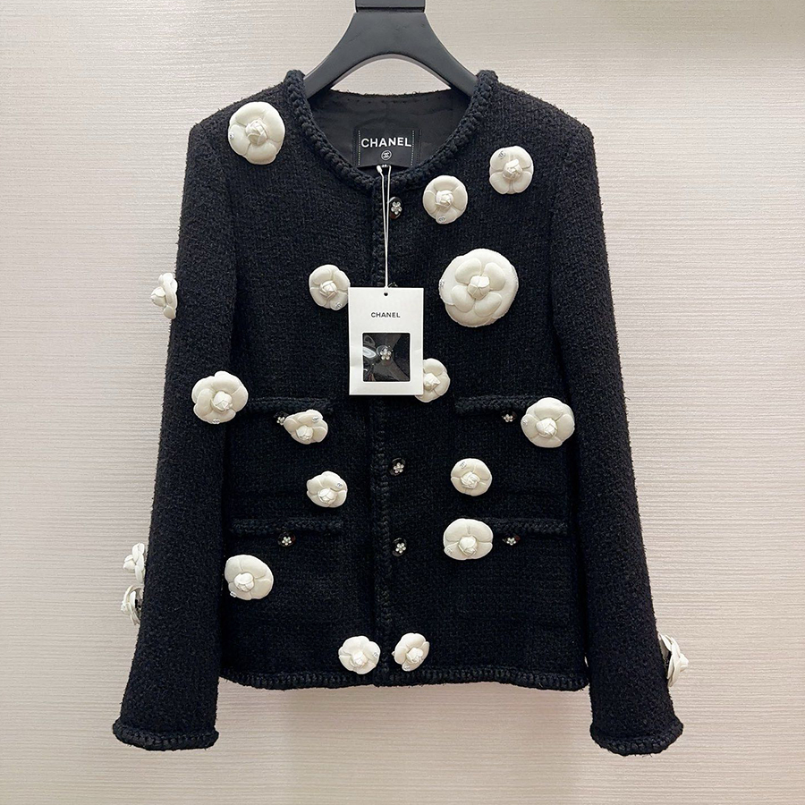 NIGO Chanel Women's Spring And Autumn Camellia Decoration Round Collar Single Breasted Black Fitted Long Sleeve Wool Jacket Ngvp #nigo71639
