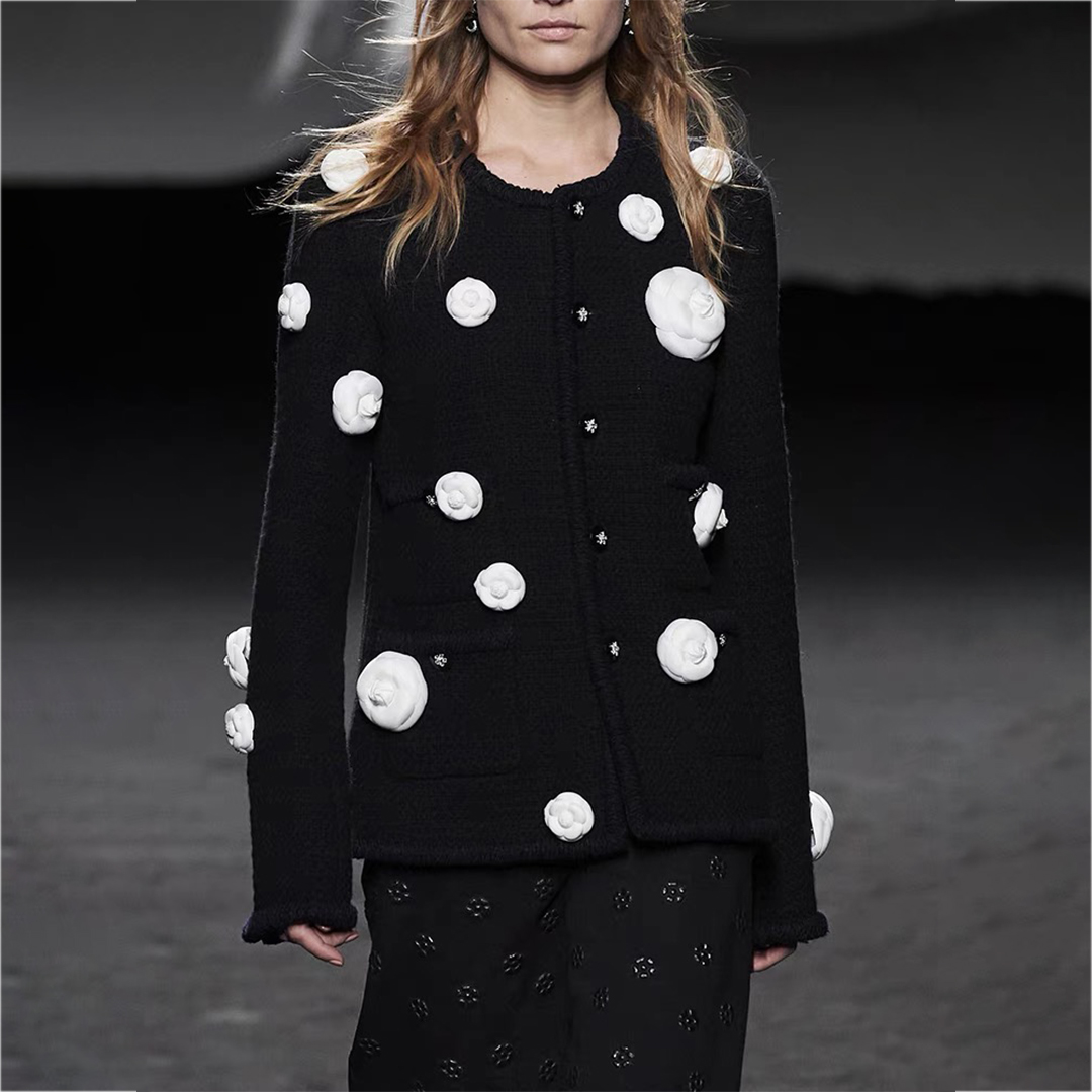NIGO Chanel Women's Spring And Autumn Camellia Decoration Round Collar Single Breasted Black Fitted Long Sleeve Wool Jacket Ngvp #nigo71639