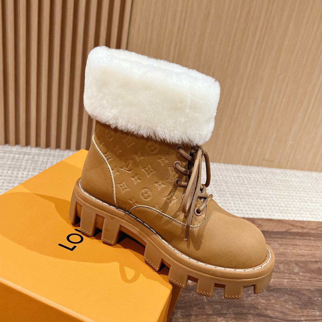 NIGO Louis Vuitton Women's Autumn and Winter Solid Color Suede Wool Lace-Up Short Boots Shoes #nigo73923