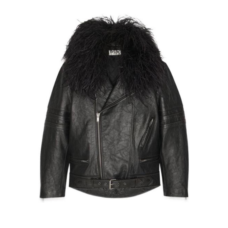 NIGO SAINT LAURENT Women's Autumn And Winter Solid Color Lapel Zipper Leather Jacket Hair Collar Motorcycle Leather Jacke Ngvp #nigo7376