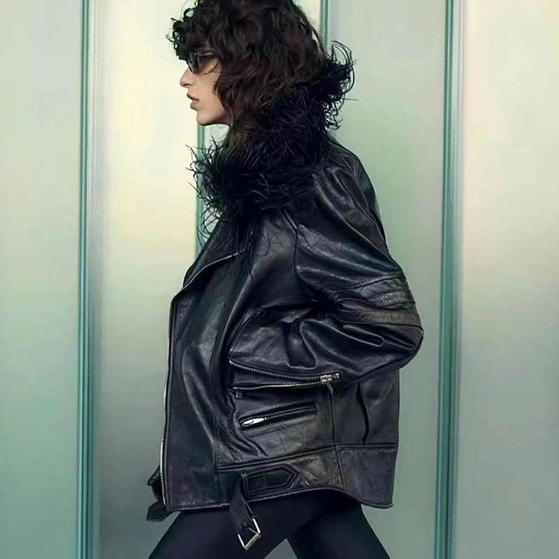 NIGO SAINT LAURENT Women's Autumn And Winter Solid Color Lapel Zipper Leather Jacket Hair Collar Motorcycle Leather Jacke Ngvp #nigo7376