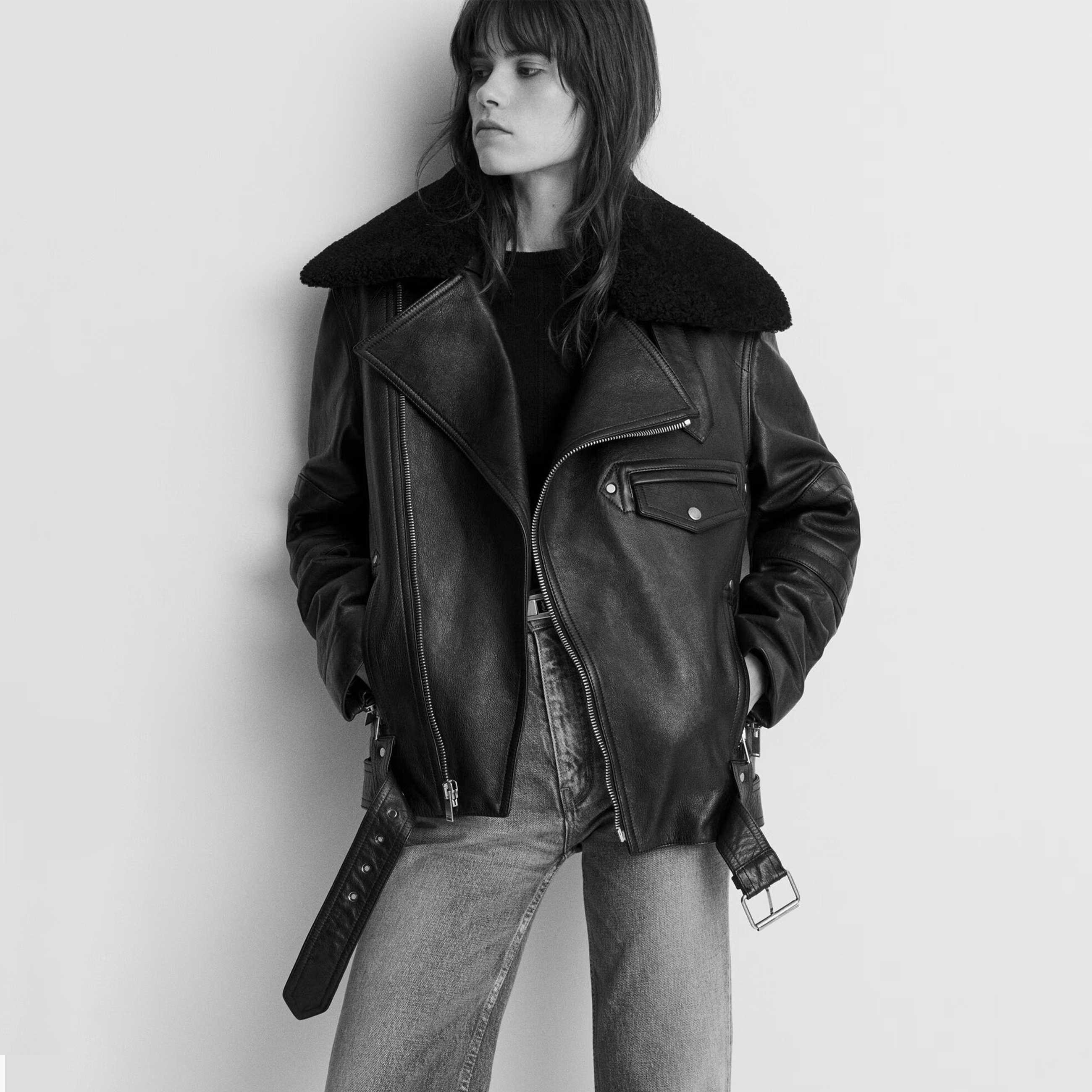 NIGO SAINT LAURENT Women's Vintage Asymmetrical Zipper Loose Leather Long Sleeve Lapel Black Jacket Ngvp #nigo9549