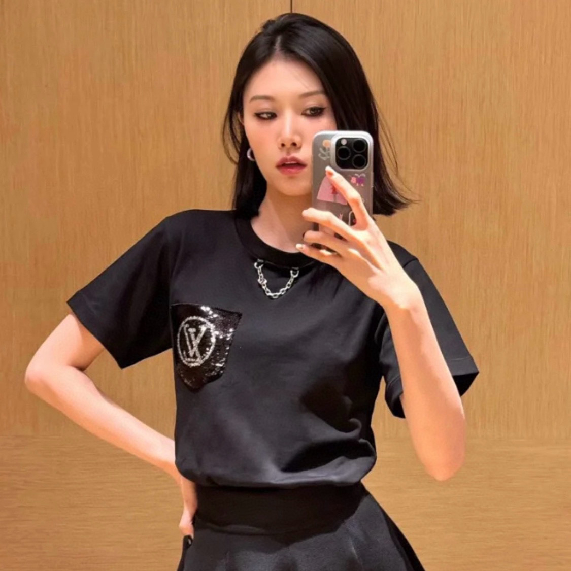 NIGO Louis Vuitton Women's Summer Solid Color Sequin Print Round Neck Cotton Short Sleeve T-Shirt #nigo73936