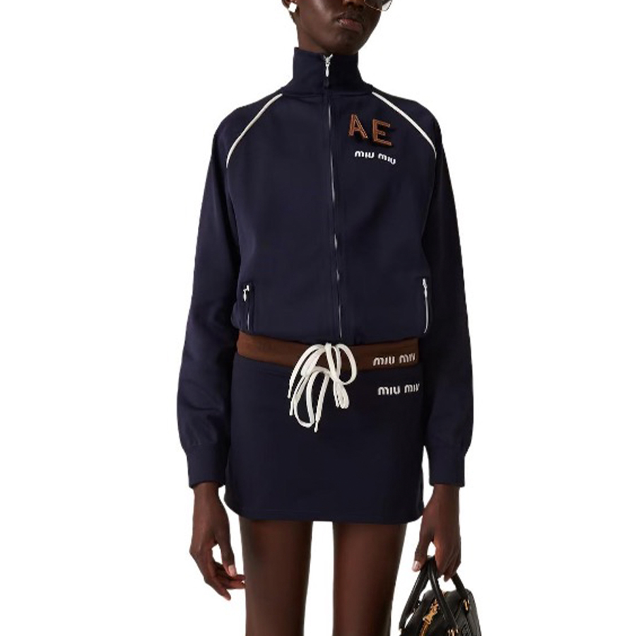 NIGO MiuMiu Women's Spring Letter Logo High Neck Blue Zipper Long Sleeve Fitted Jacket #nigo71693