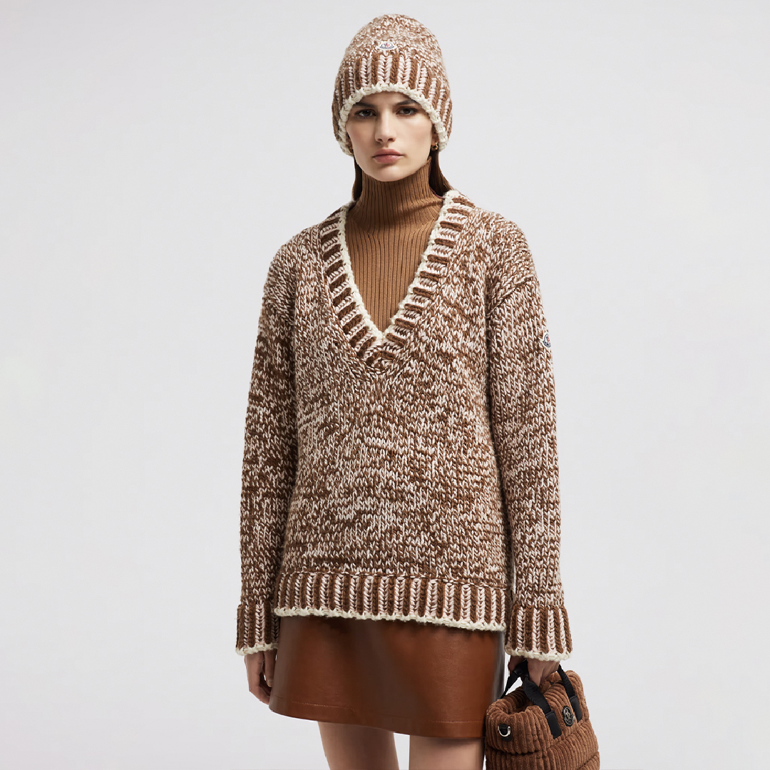 NIGO Moncler Women's Autumn And Winter Wool Blend Brown V-neck Loose Chic Modern Casual Knitwear Pullover Sweater #nigo71718