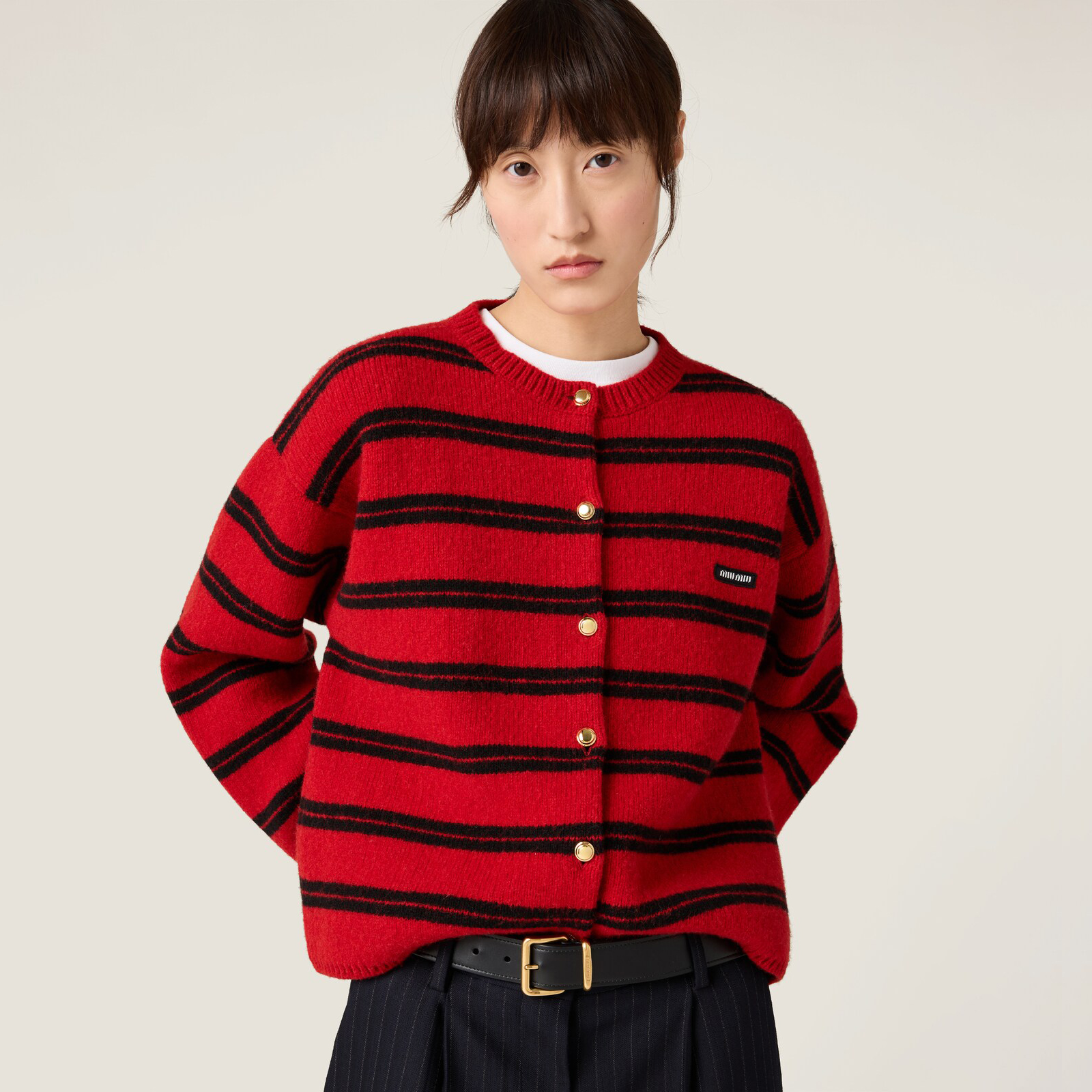 NIGO MiuMiu Women's Spring And Fall Red And Black Striped Double Knitted Round Neck Loose Single Breasted Long Sleeved Jacket #nigo73958
