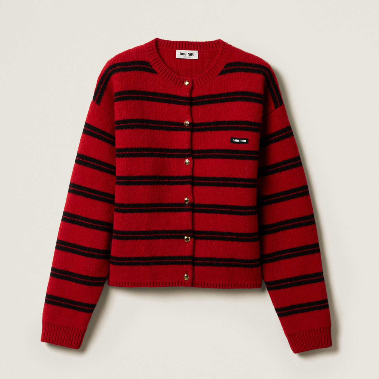 NIGO MiuMiu Women's Spring And Fall Red And Black Striped Double Knitted Round Neck Loose Single Breasted Long Sleeved Jacket #nigo73958