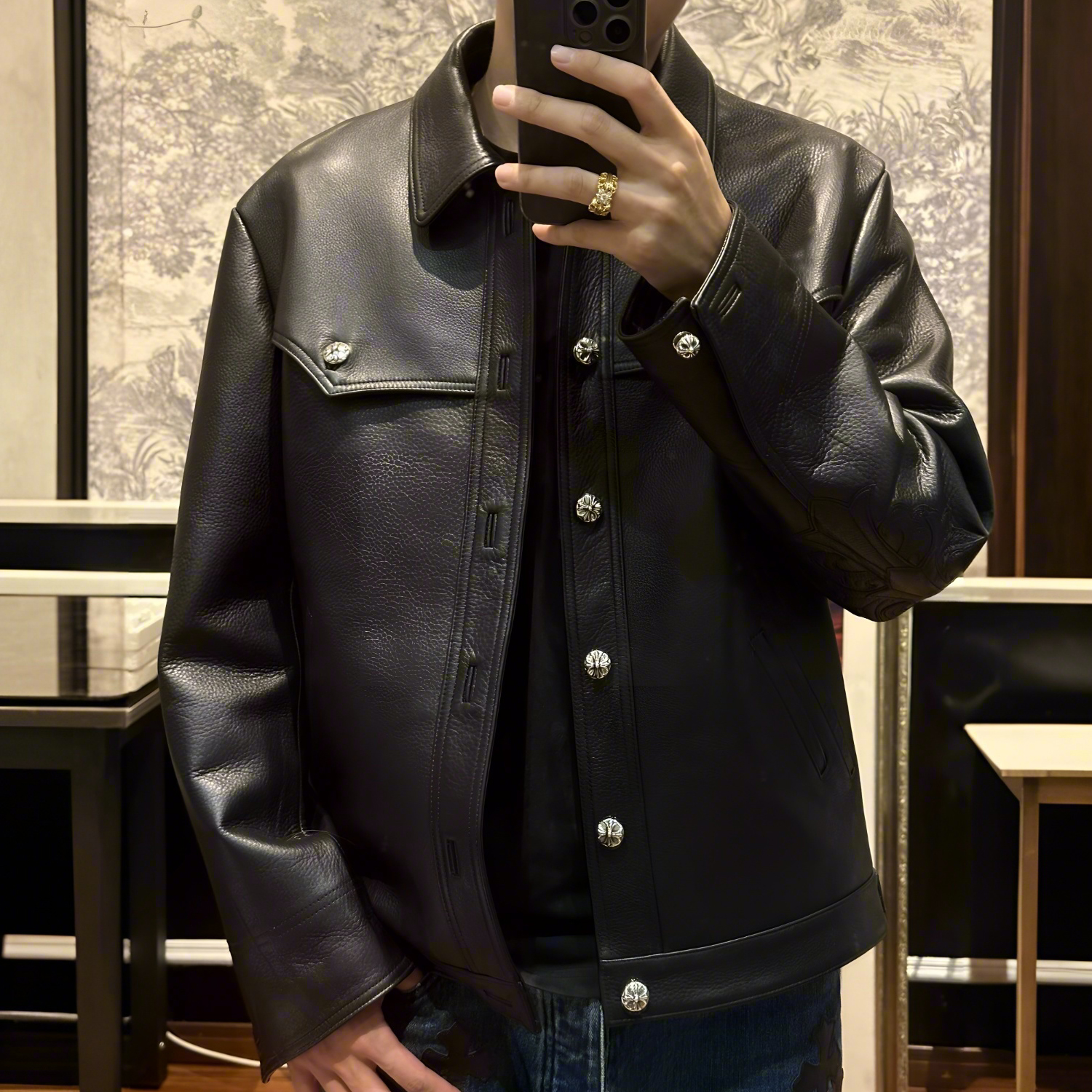 NIGO Chrome Hearts Men's Autumn and Winter Solid Color Cow Leather Single Breasted Long Sleeve Jacket #nigo73972