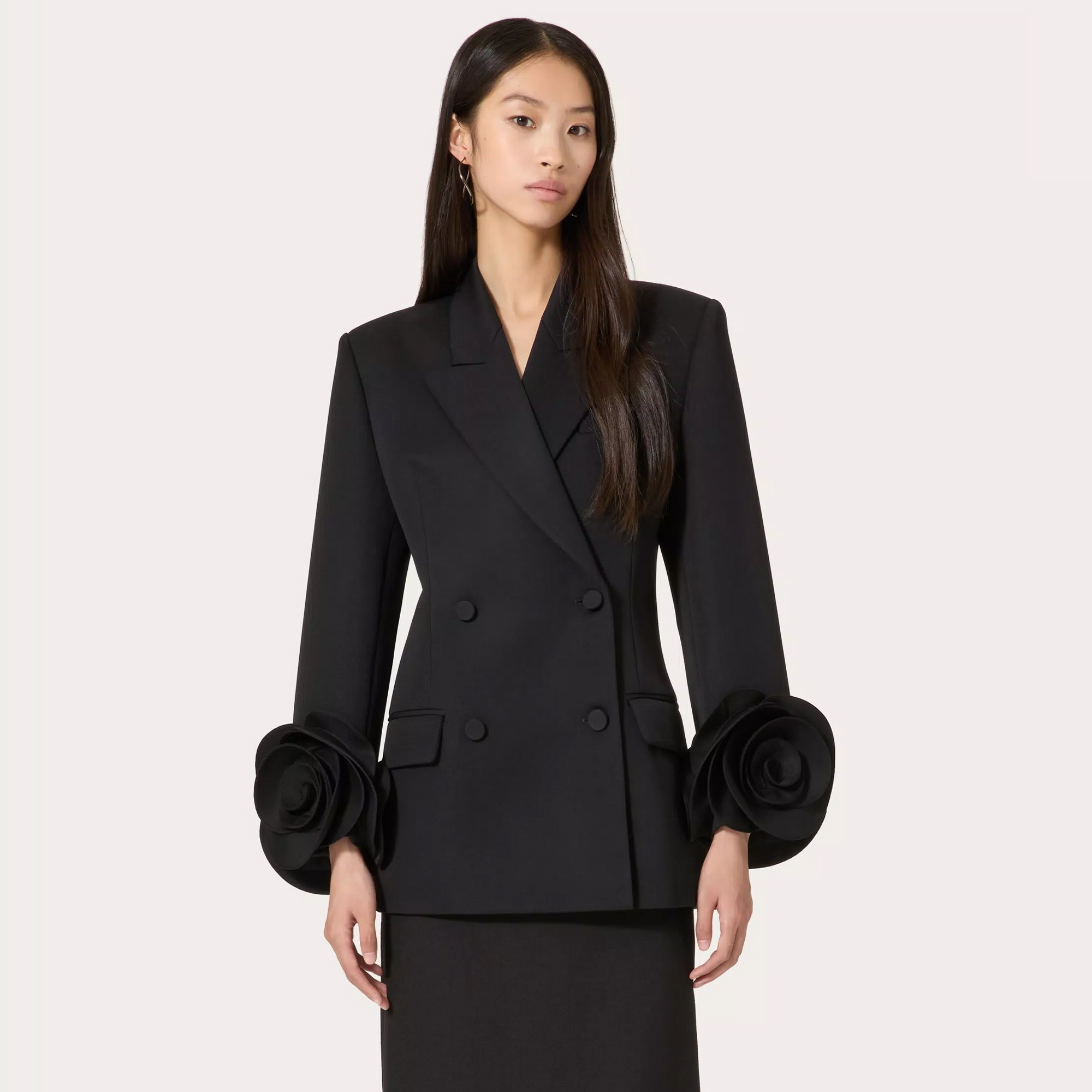 NIGO Valentino Women's Spring And Autumn Sheep Double Breasted Long Sleeve Rose Floral Sleeve Black Blazer Jacket Ngvp #nigo9564