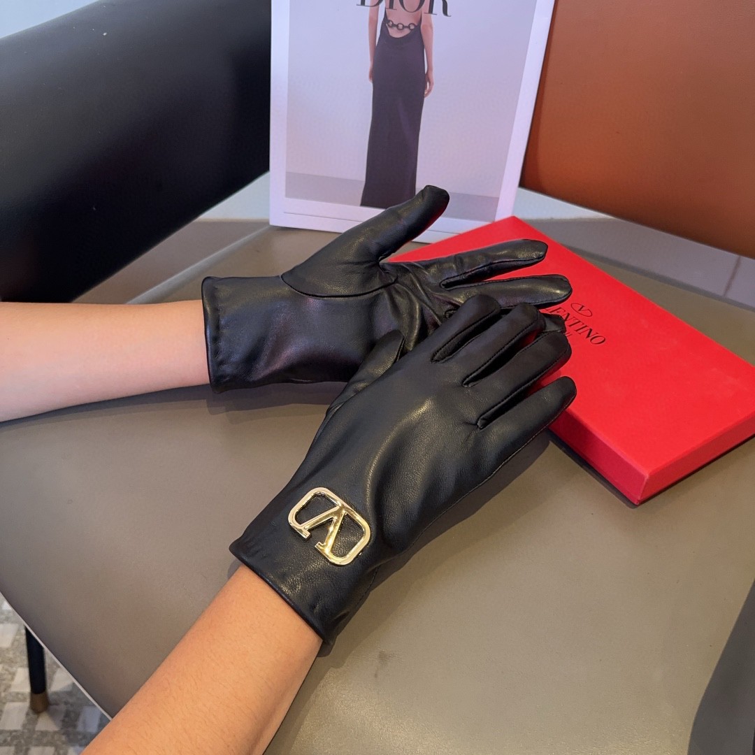 NIGO Valentino Women's Autumn and Winter Padded Lined Black Leather Women's Gloves #nigo73971