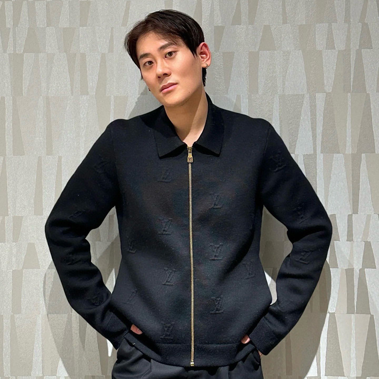 NIGO Louis Vuitton Men's Spring/Autumn Black Logo Embossed Pattern Sheep Wool Zipper Long Sleeve Jacket #nigo74112