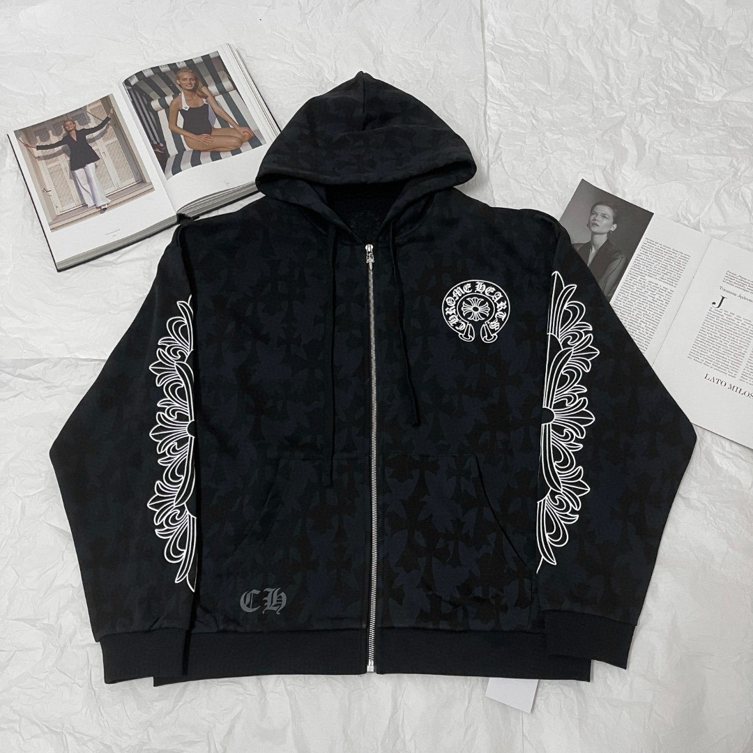 NIGO Chrome Hearts Men's Spring and Fall Black Logo Printed Zipper Long Sleeve Hooded Jacket #nigo73992