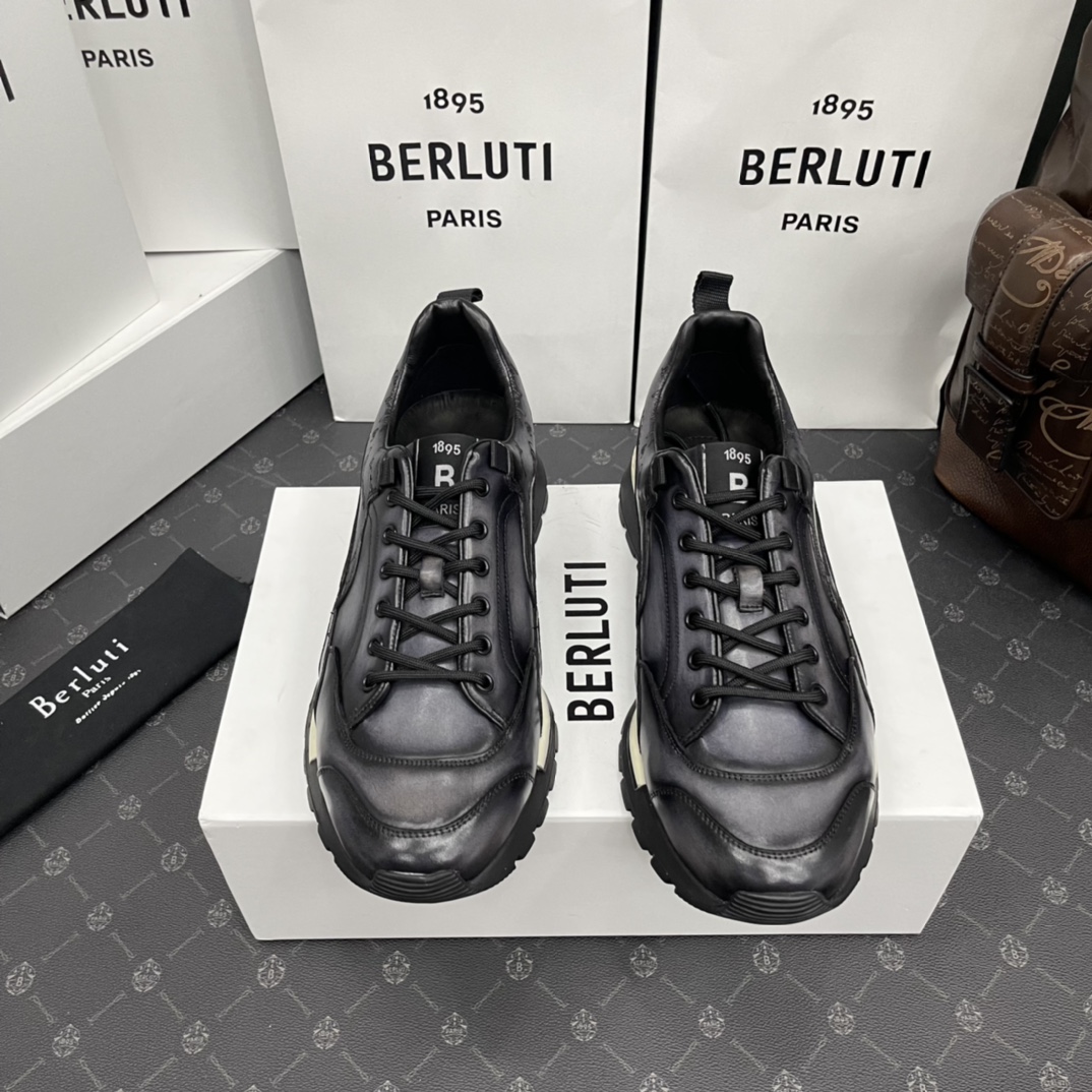 NIGO Berluti Men's Fast Track Trainers Four Seasons Solid Colour Print Casual Lace Up Leather Shoes #nigo71697